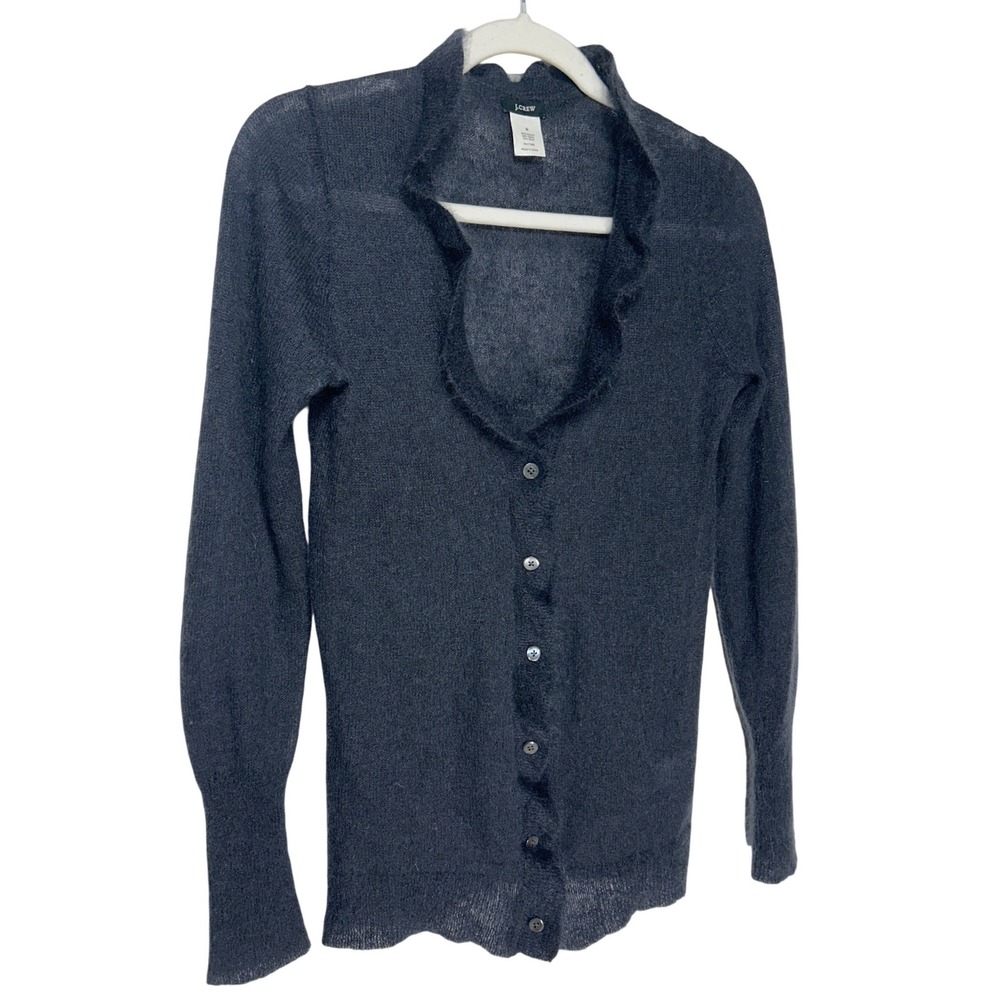 J.Crew Mohair Wool Blend Sheer Ruffle Cardigan Sweater Charcoal Gray Size Medium